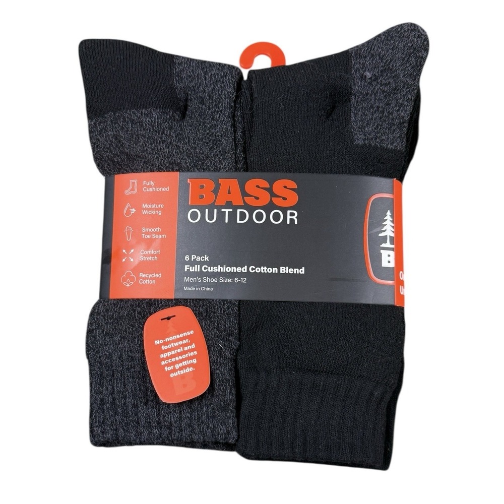 BASS OUTDOOR Crew Socks Mens 6 Pack‎ Black Gray Cushioned Cotton Blend